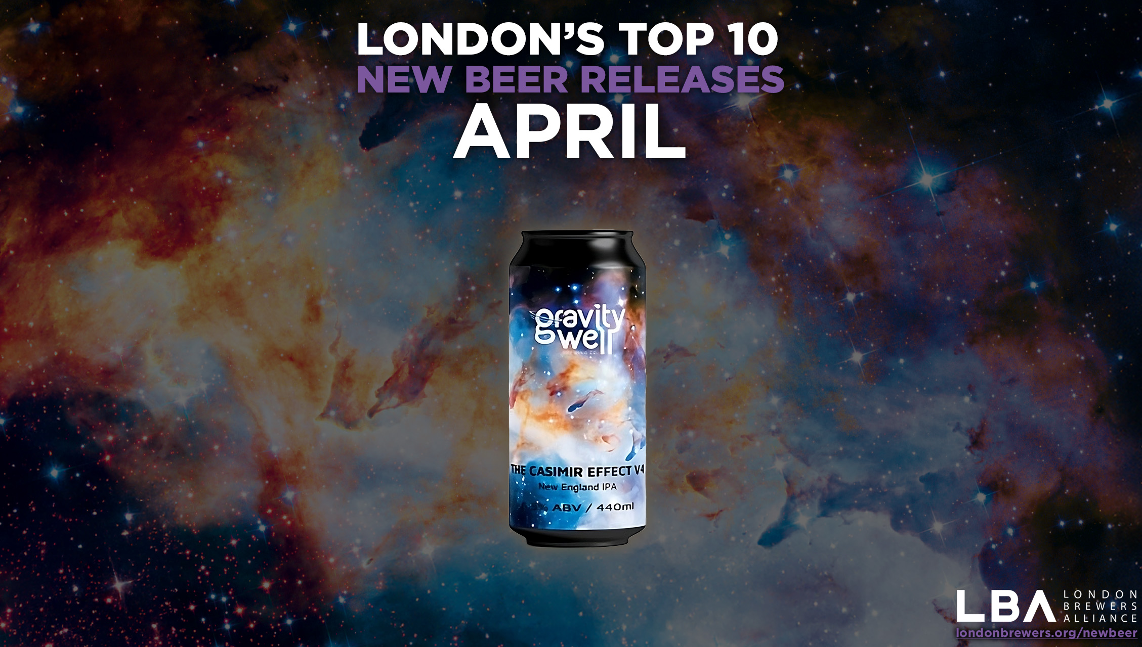 Gravity Well's Casimir effect beer can floats above an ethereal space background with various bold colours of blue, purple, orange and red