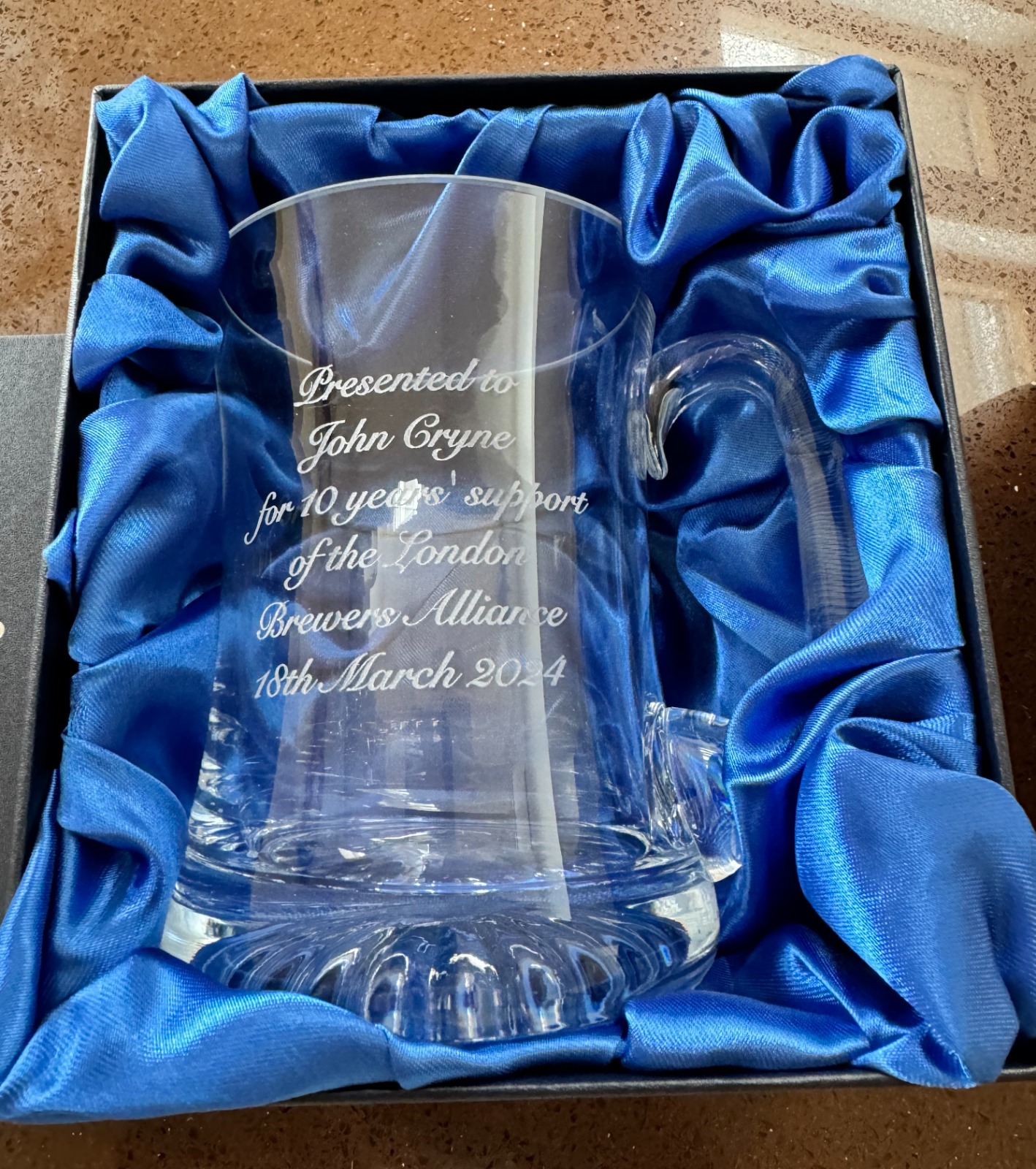 Engraved Glass Tankard to Celebrate 10 years of John Cryne as LBA Secretary