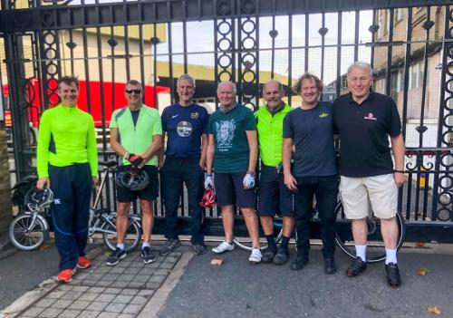 Cyclists stop off at Fuller's Brewery along their journey.
