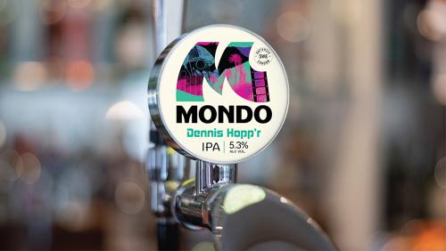 Mondo's rebranded design features on a keg pump clip with a Bold letter M and Dennis Hopp'r IPA named beneath